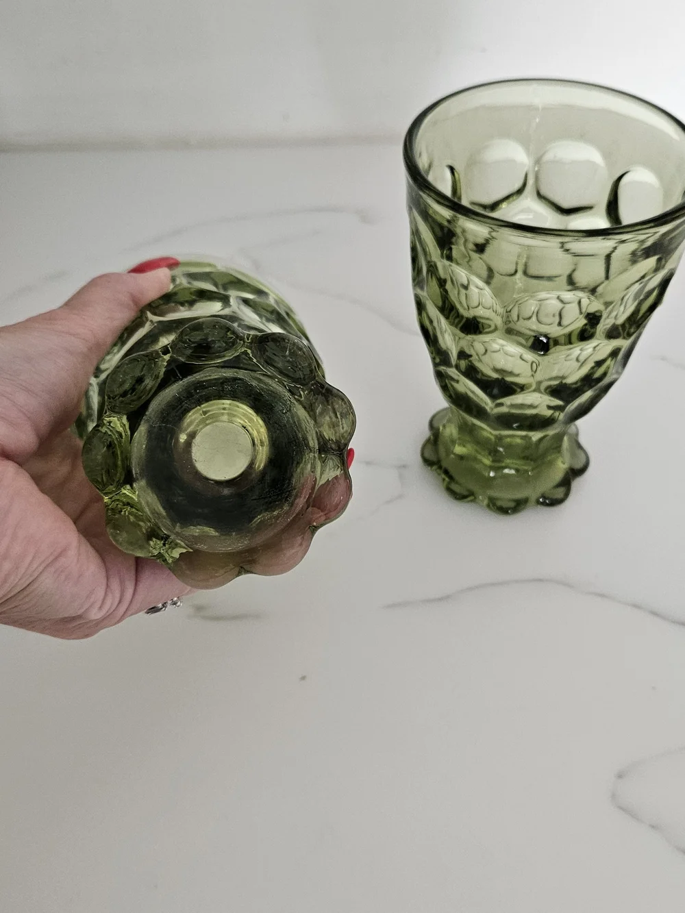 Green Textured Glass Tumbler Pair Vintage